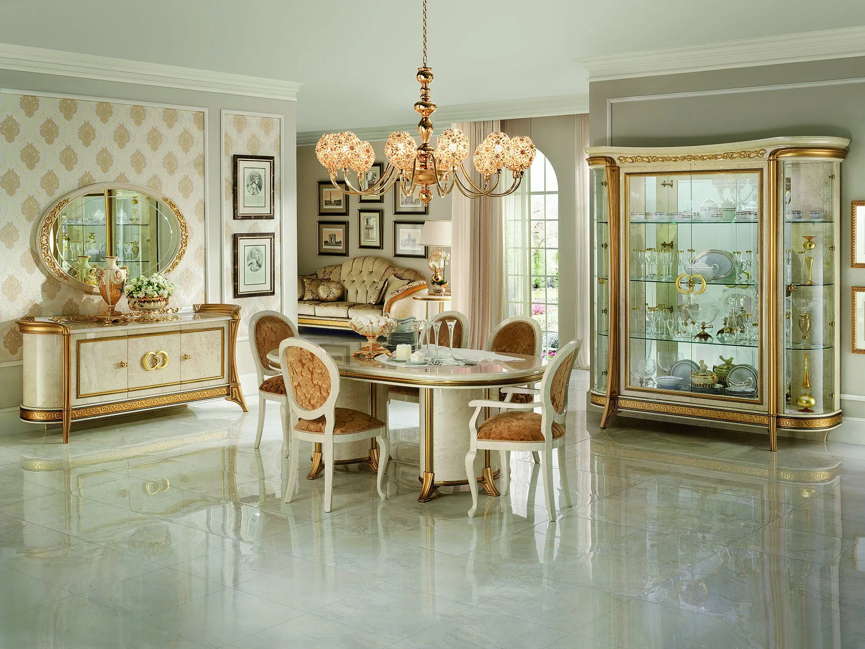 Italian lightwood dining room with chairs, buffet, and mirror.