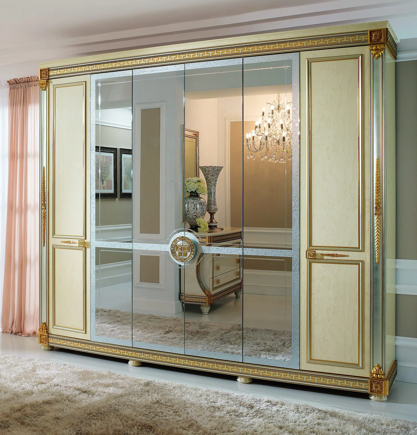 Angled view of the Gianni armoire with 24-karat gold detailing and marble-inspired trim.