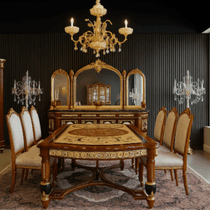 Luxury solid wood dining room featuring the lucente gilded dining table, chairs, and china cabinet from a head-on angle