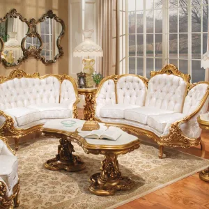 Jacqueline Louis XV Living Room in gold and white fabric from French Furniture.