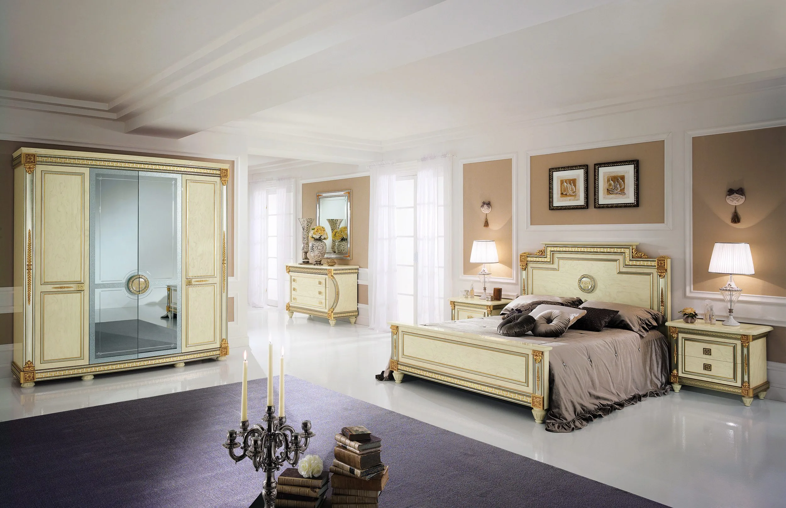 Angled view of the Gianni Bedroom from the 24-Karat Gold Collection with gold accents, lacquer finish, and marble-inspired details.