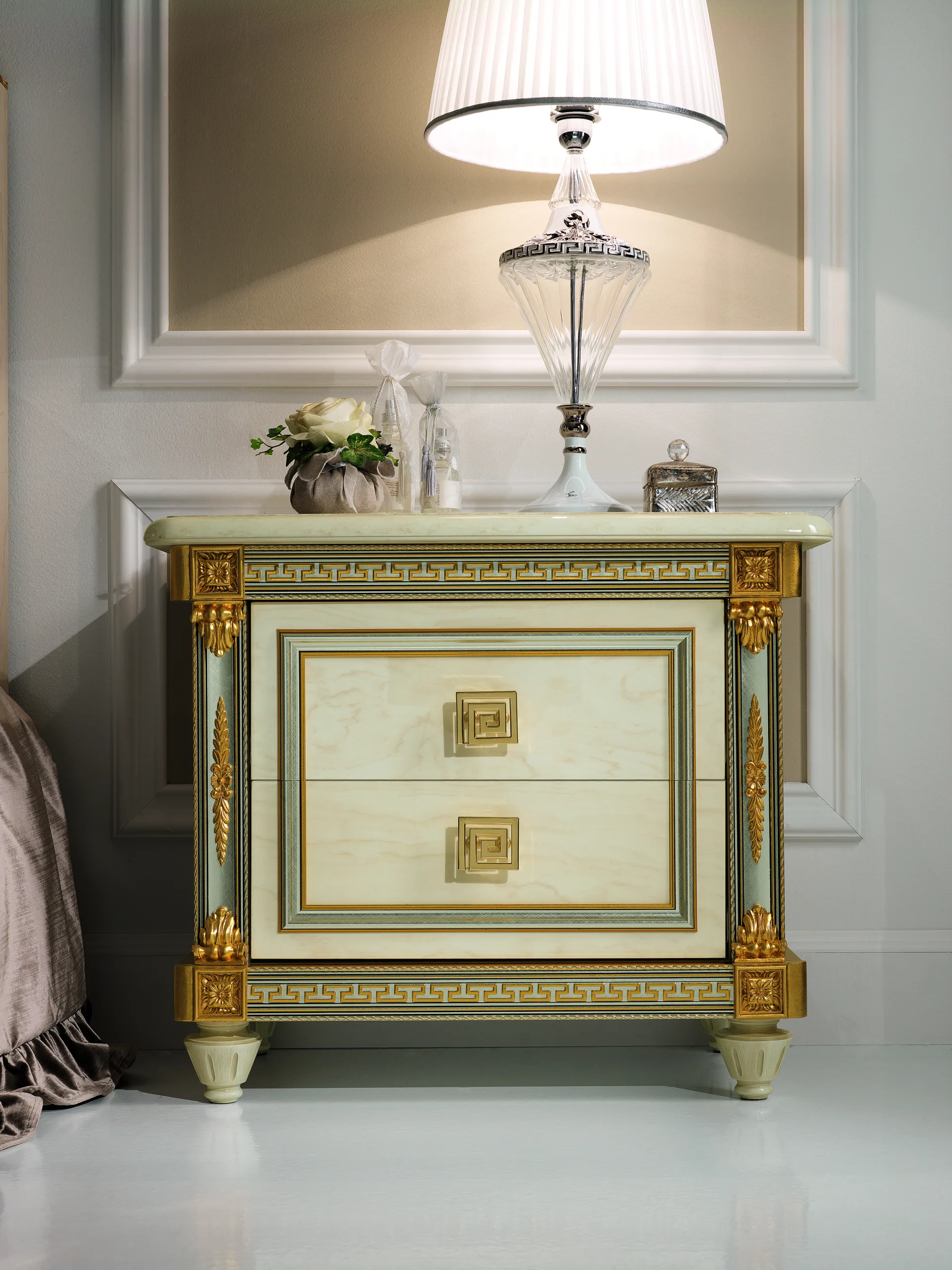 Gianni luxury Italian bedroom nightstand with 24-karat gold detailing and marble-inspired panel