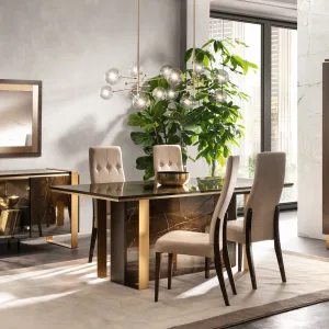 Angled view of the Essence Modern Italian Dining Room with dark wood contrast and bronze accents.