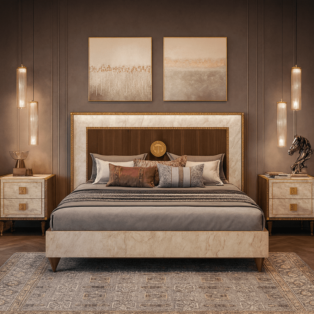 Romeo Italian bedroom with upholstered bed and two matching nightstands, front view with wall lights